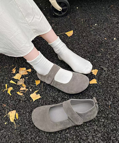Women Grey Suede Buckle Strap Splicing Flat Feet Shoes