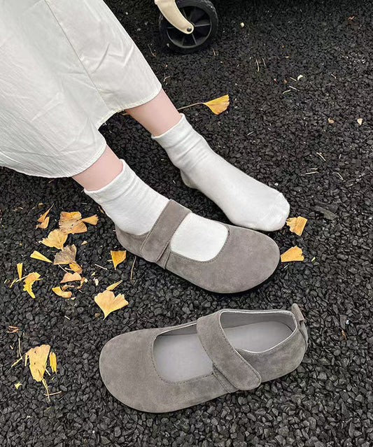 Women Grey Suede Buckle Strap Splicing Flat Feet Shoes