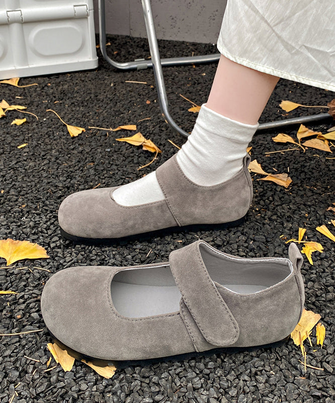 Women Grey Suede Buckle Strap Splicing Flat Feet Shoes