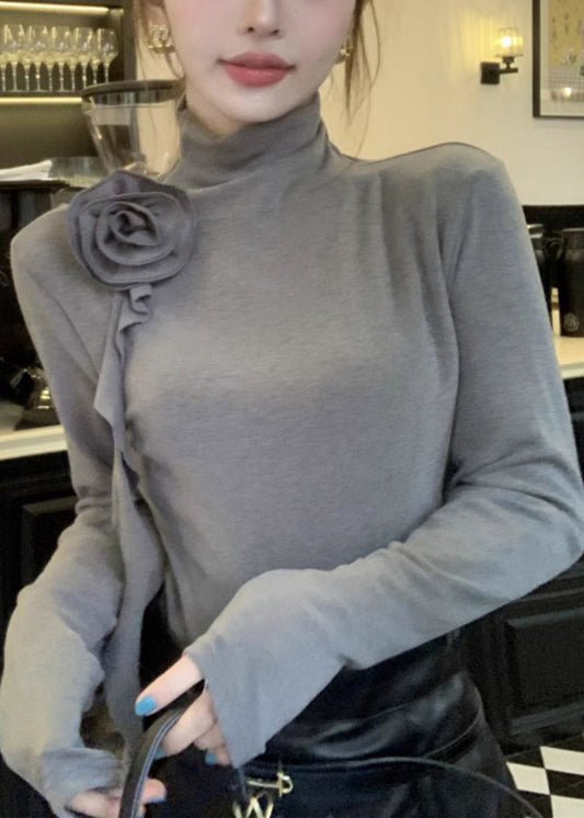 Damen Graue Rollkragenbluse aus Baumwolle mit stereoskopischem Blumenmuster für den Frühling