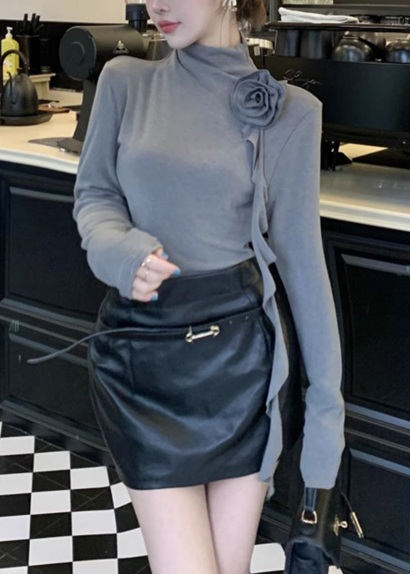 Damen Graue Rollkragenbluse aus Baumwolle mit stereoskopischem Blumenmuster für den Frühling