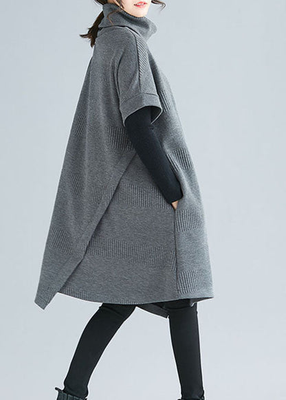 Frauen Grau Rollkragen asymmetrische design Kleider Kurzarm