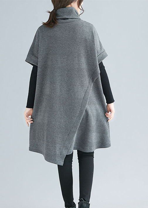 Frauen Grau Rollkragen asymmetrische design Kleider Kurzarm