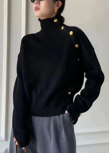 Suéter de punto gris de cuello alto con botones laterales abiertos para mujer, invierno