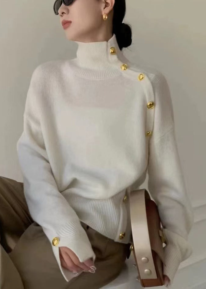 Suéter de punto gris de cuello alto con botones laterales abiertos para mujer, invierno