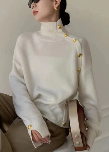 Suéter de punto gris de cuello alto con botones laterales abiertos para mujer, invierno