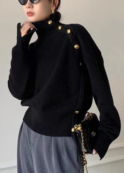 Suéter de punto gris de cuello alto con botones laterales abiertos para mujer, invierno