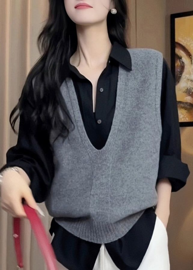 Damen Graue Kuschelige Warme Strickweste mit V-Ausschnitt Ärmellos