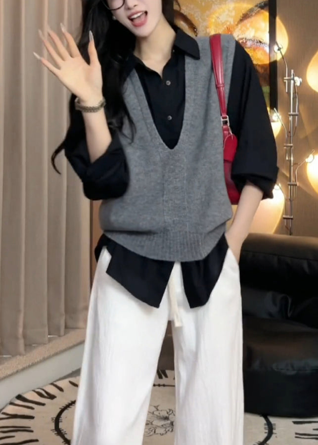 Damen Graue Kuschelige Warme Strickweste mit V-Ausschnitt Ärmellos