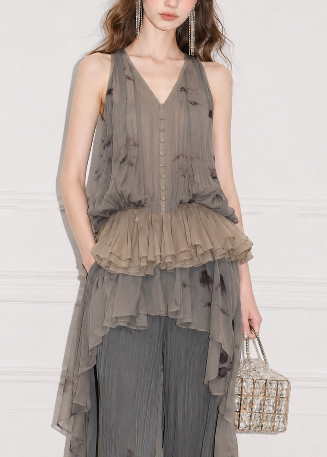 Women Grey V Neck Jacquard Layered Ruffled Silk Top Sleeveless