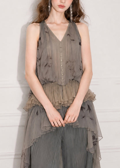 Women Grey V Neck Jacquard Layered Ruffled Silk Top Sleeveless