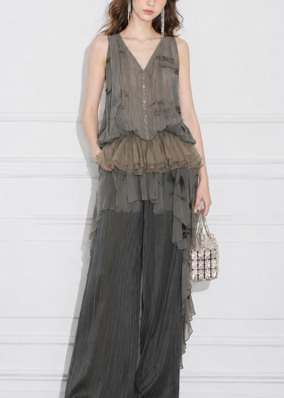 Women Grey V Neck Jacquard Layered Ruffled Silk Top Sleeveless