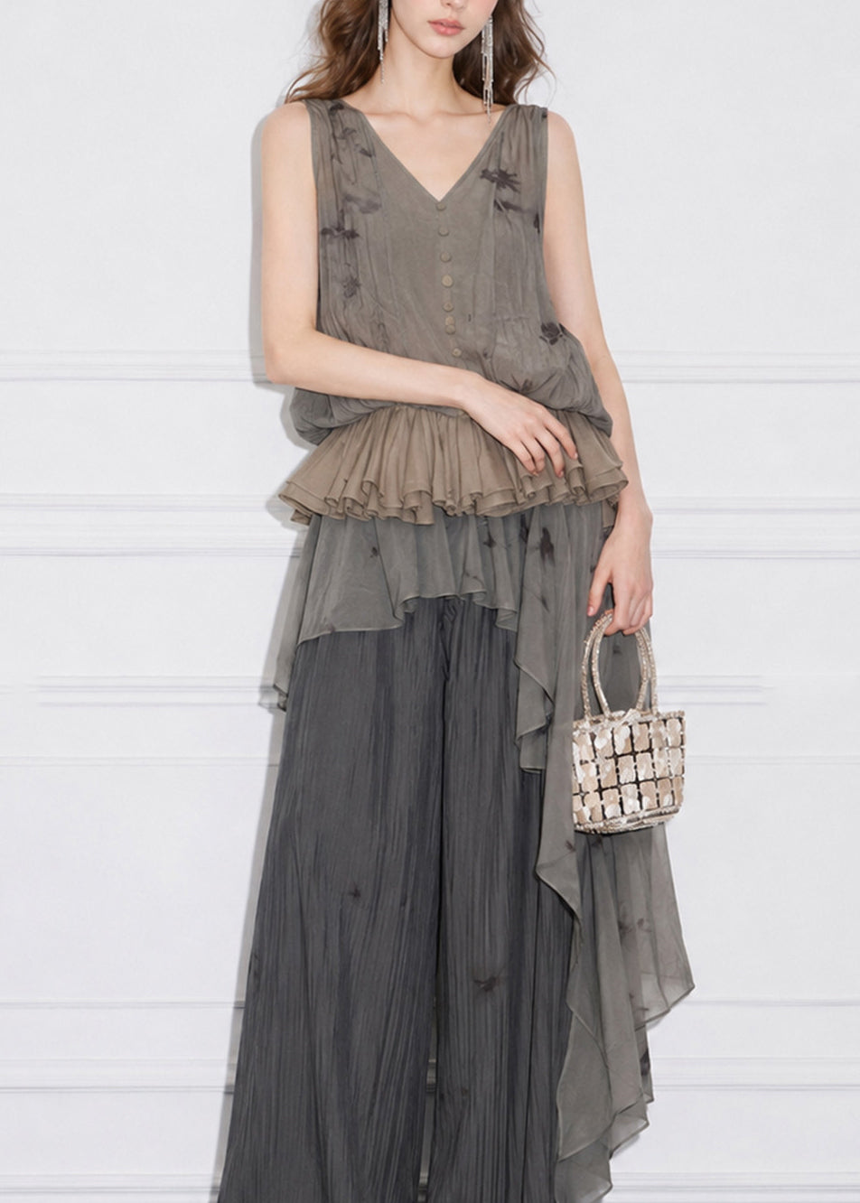 Women Grey V Neck Jacquard Layered Ruffled Silk Top Sleeveless