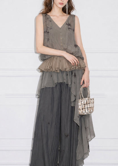 Women Grey V Neck Jacquard Layered Ruffled Silk Top Sleeveless