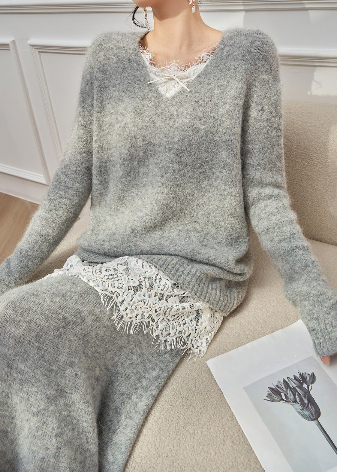 Women Grey V Neck Lace Patchwork Knit Two Pieces Set Winter