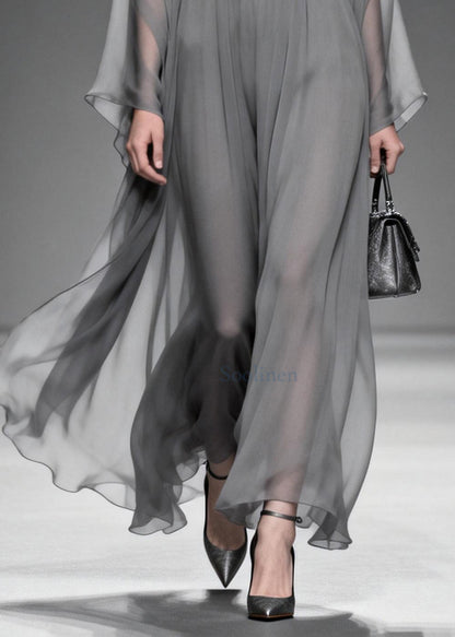 Women Grey V Neck Patchwork Chiffon Maxi Dress Summer