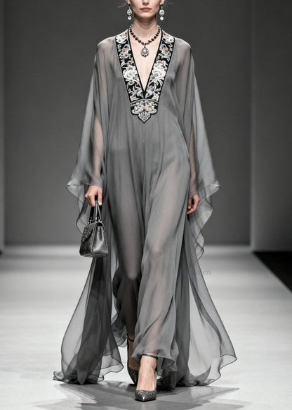 Women Grey V Neck Print Loose Chiffon Long Dress Spring