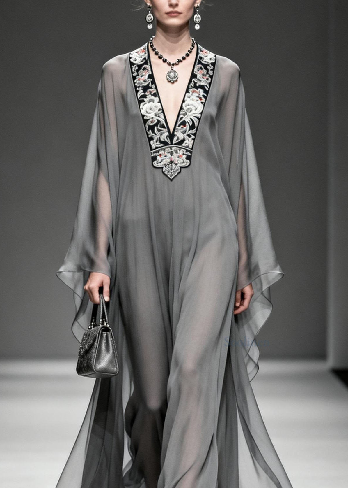 Women Grey V Neck Print Loose Chiffon Long Dress Spring