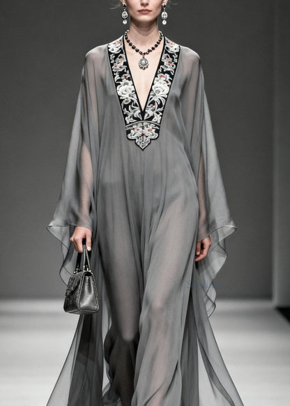 Women Grey V Neck Print Loose Chiffon Long Dress Spring