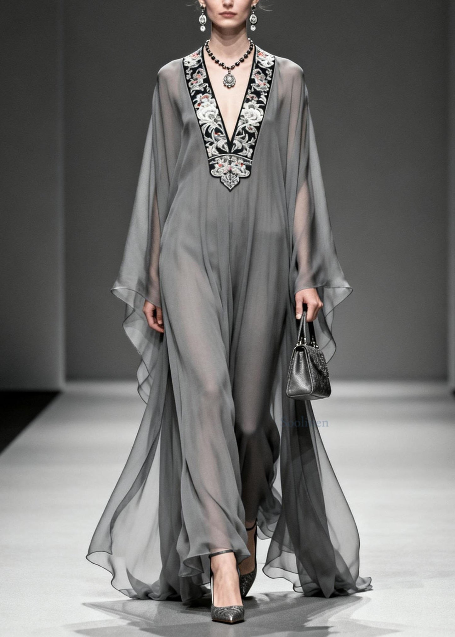 Women Grey V Neck Print Loose Chiffon Long Dress Spring