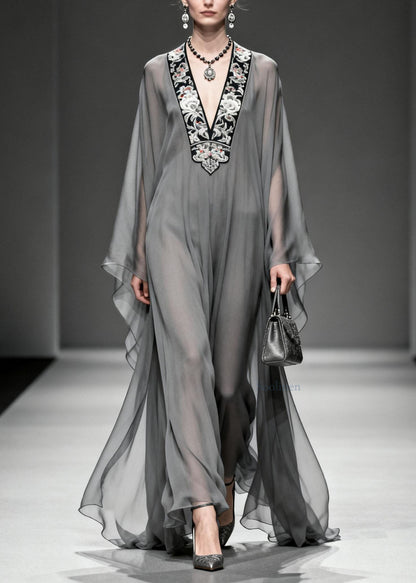 Women Grey V Neck Print Loose Chiffon Long Dress Spring