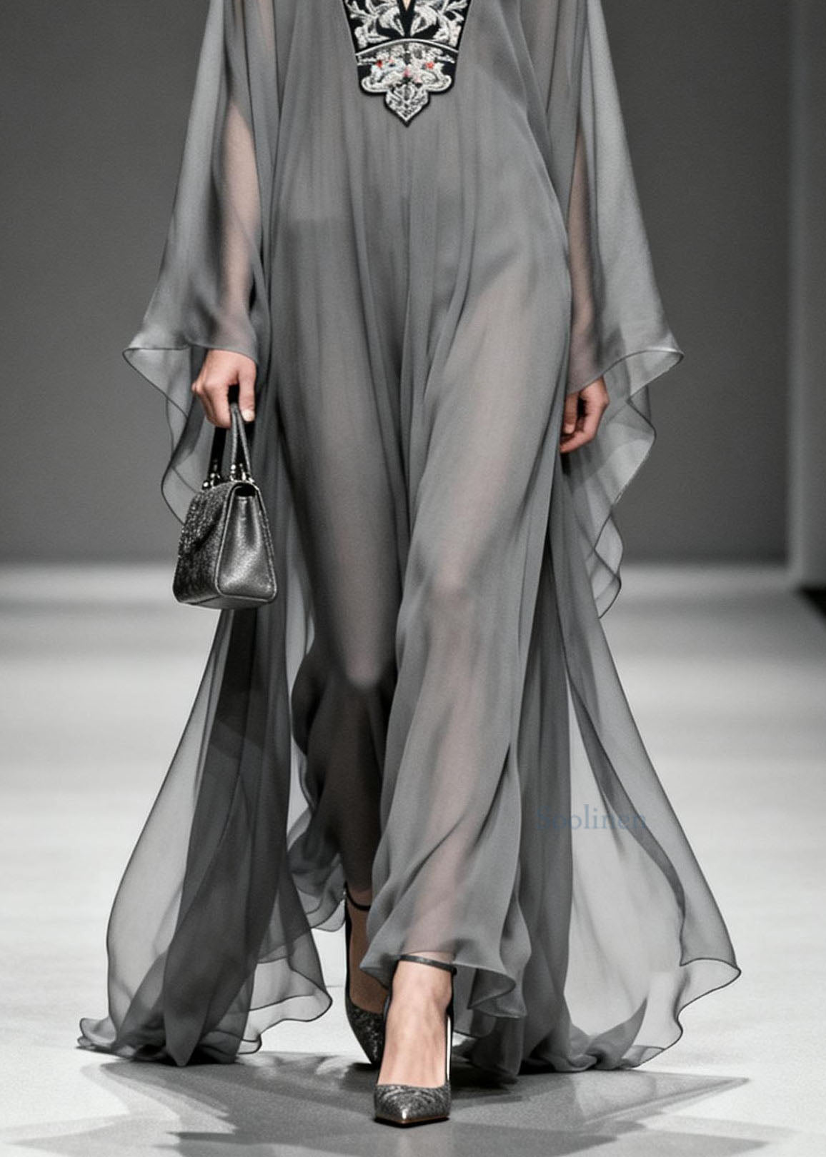 Women Grey V Neck Print Loose Chiffon Long Dress Spring