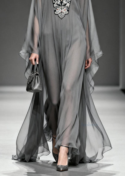 Women Grey V Neck Print Loose Chiffon Long Dress Spring