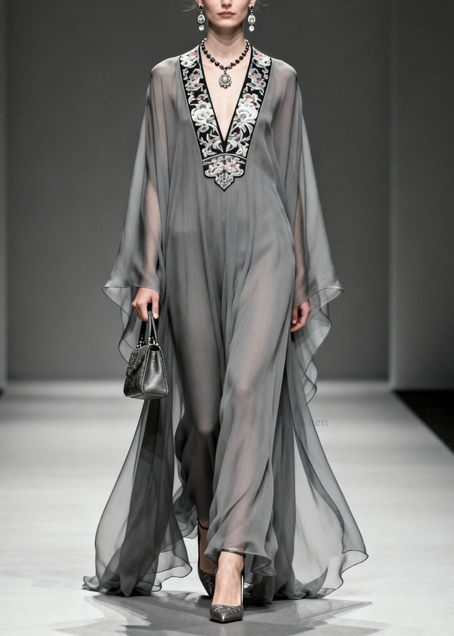 Women Grey V Neck Print Loose Chiffon Long Dress Spring