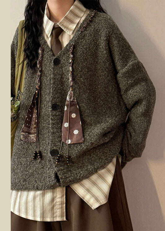 Women Grey V Neck Scarf Design Button Knit Coats Spring