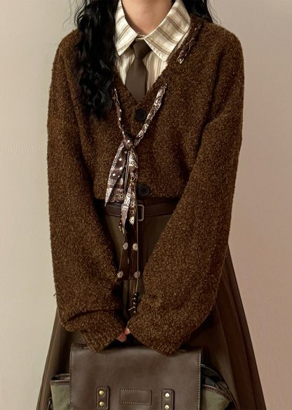 Women Grey V Neck Scarf Design Button Knit Coats Spring