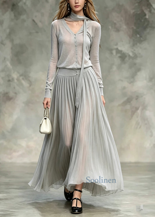Women Grey V Neck Tops And Skirts Cotton Two Pieces Set Fall