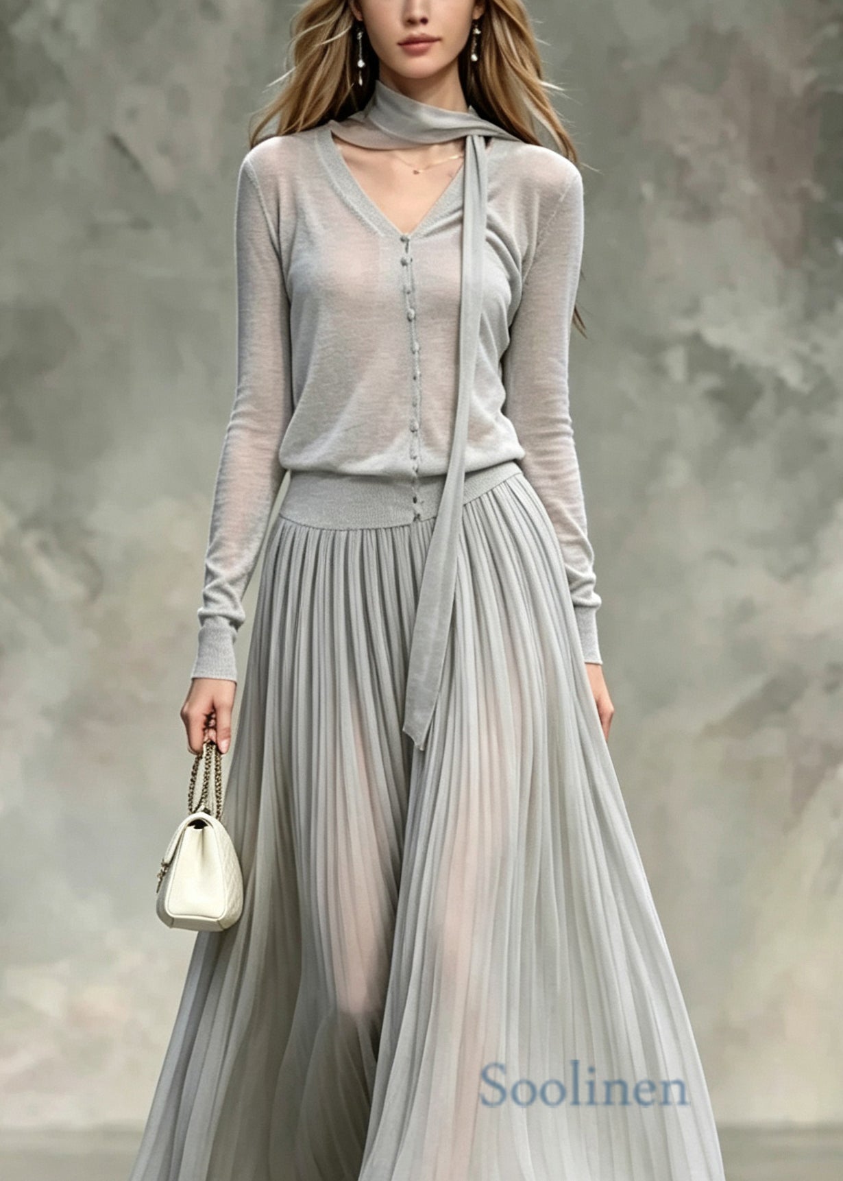Women Grey V Neck Tops And Skirts Cotton Two Pieces Set Fall