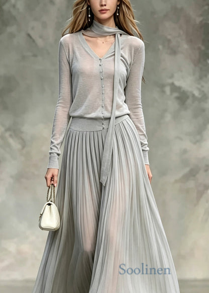 Women Grey V Neck Tops And Skirts Cotton Two Pieces Set Fall