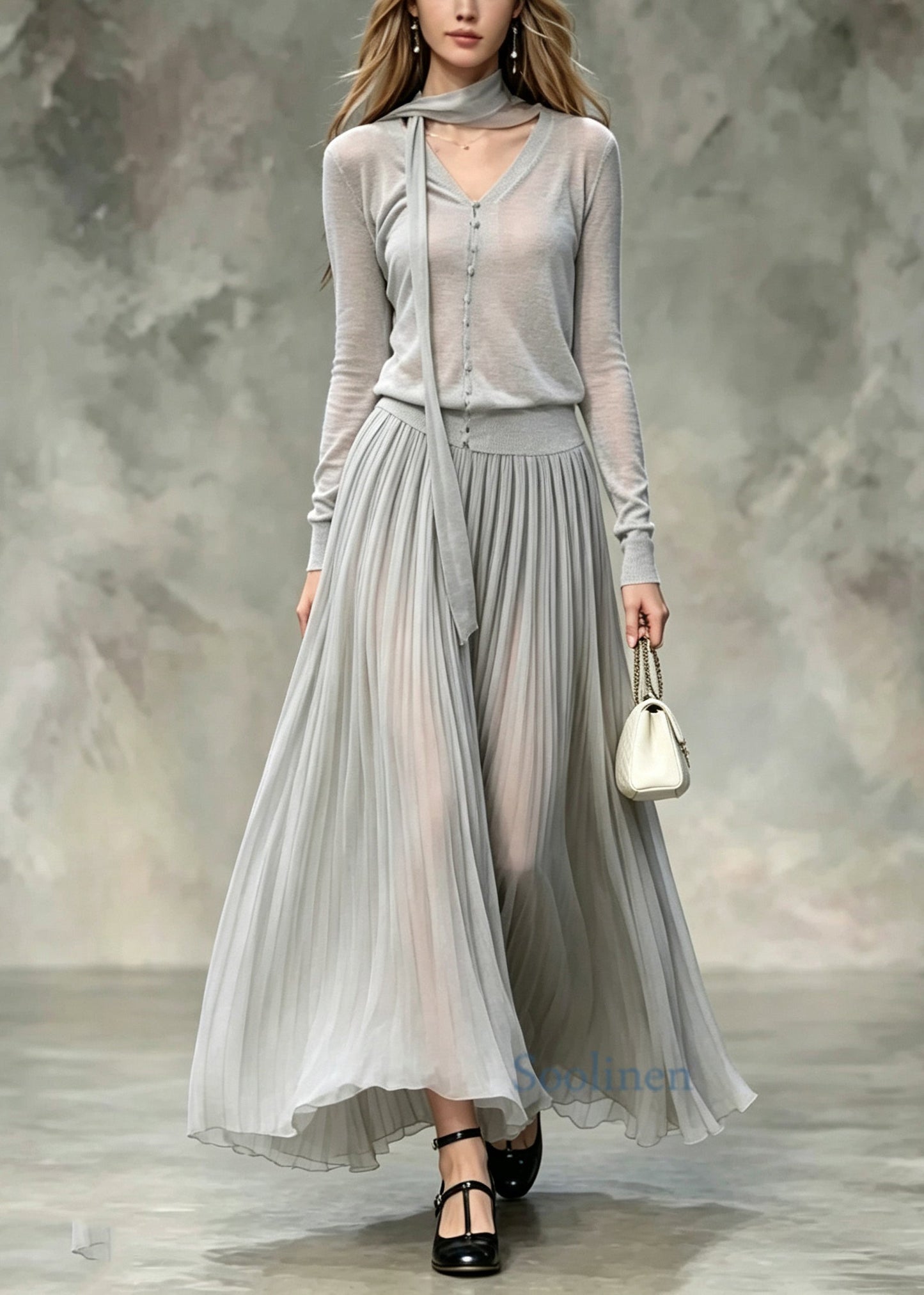Women Grey V Neck Tops And Skirts Cotton Two Pieces Set Fall