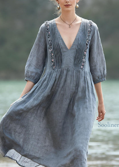 Women Grey V Neck Wrinkled Floral LinenDresses Summer