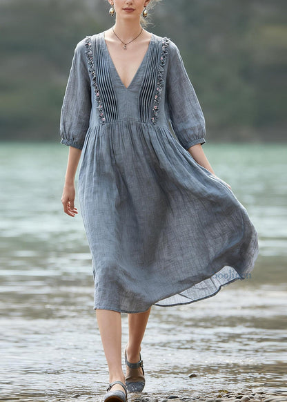 Women Grey V Neck Wrinkled Floral LinenDresses Summer