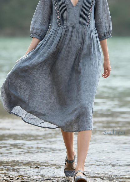 Women Grey V Neck Wrinkled Floral LinenDresses Summer