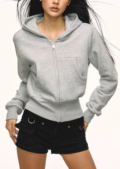 Sudadera con capucha de algodón informal con bolsillos y cremallera para mujer, color gris, para primavera