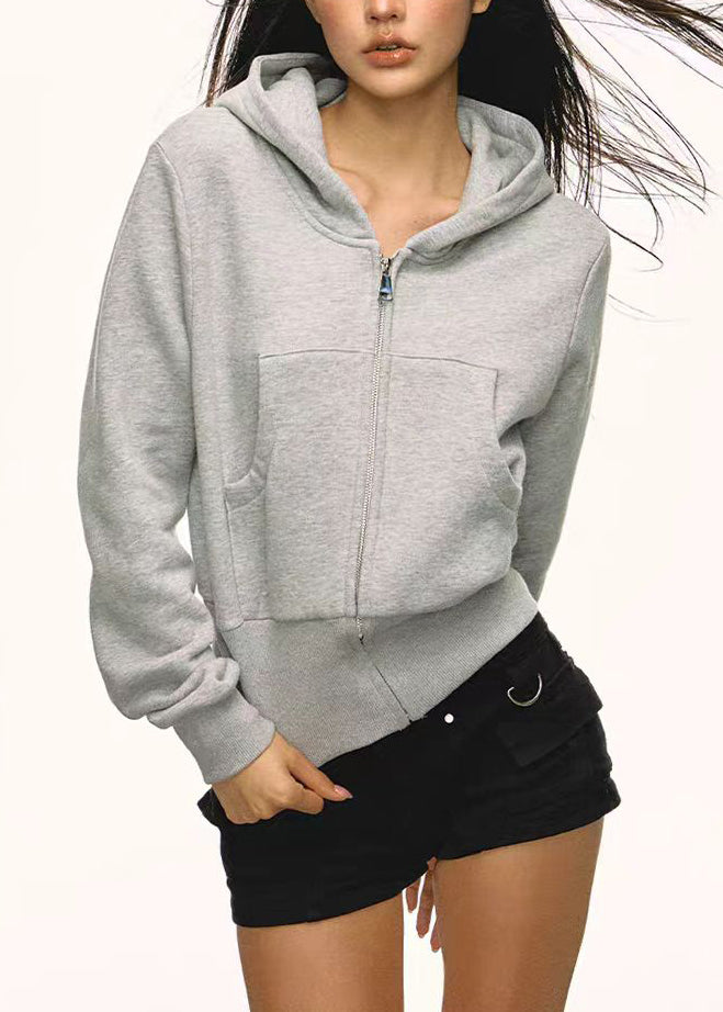 Sudadera con capucha de algodón informal con bolsillos y cremallera para mujer, color gris, para primavera