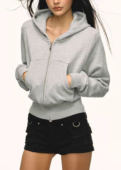 Sudadera con capucha de algodón informal con bolsillos y cremallera para mujer, color gris, para primavera
