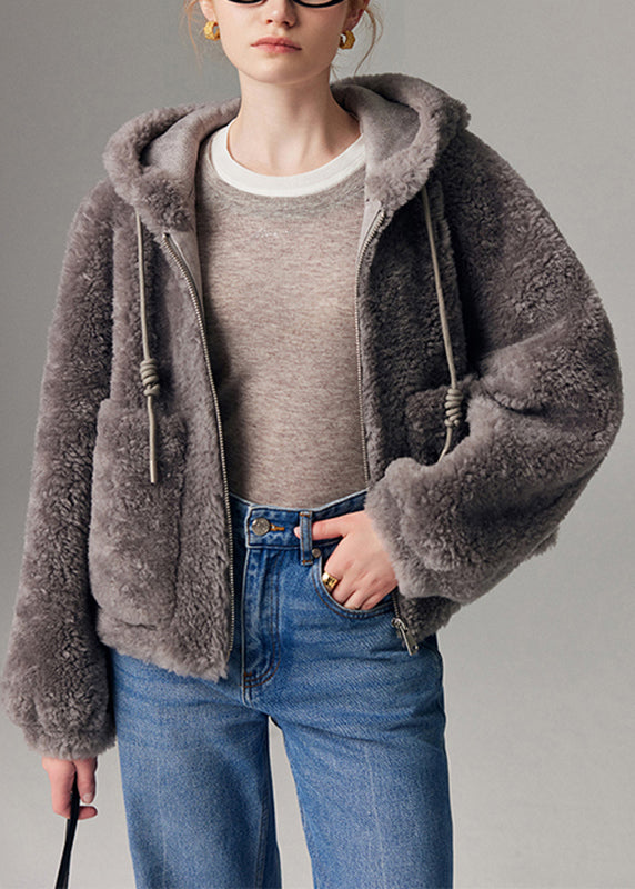 Abrigo gris con capucha y manga farol de piel sintética con cremallera y cordón para mujer