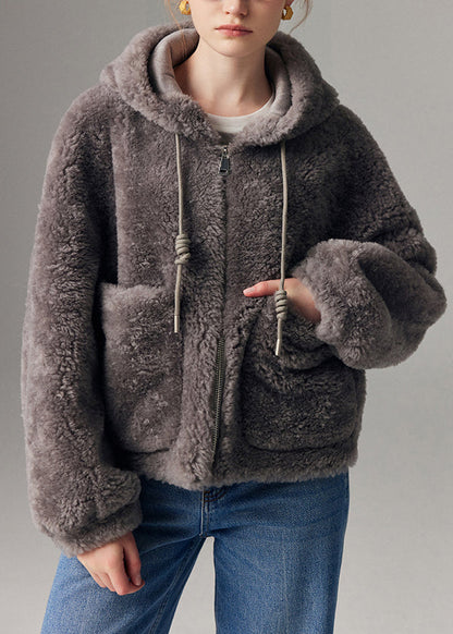 Abrigo gris con capucha y manga farol de piel sintética con cremallera y cordón para mujer