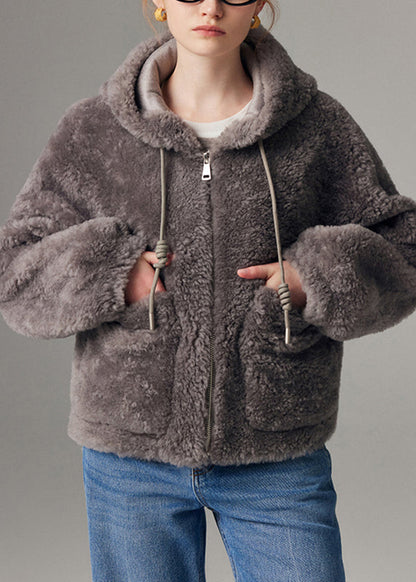Abrigo gris con capucha y manga farol de piel sintética con cremallera y cordón para mujer