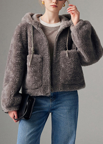 Abrigo gris con capucha y manga farol de piel sintética con cremallera y cordón para mujer