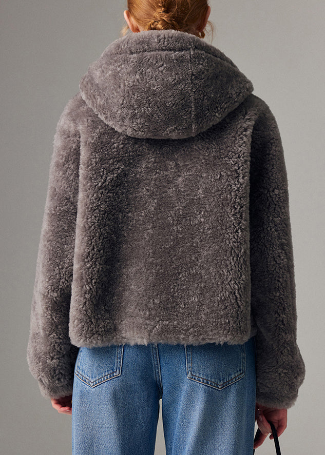 Abrigo gris con capucha y manga farol de piel sintética con cremallera y cordón para mujer