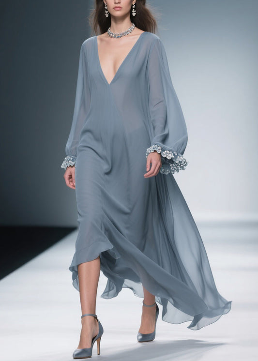 Women Haze Blue Floral Solid Chiffon Maxi Dresses