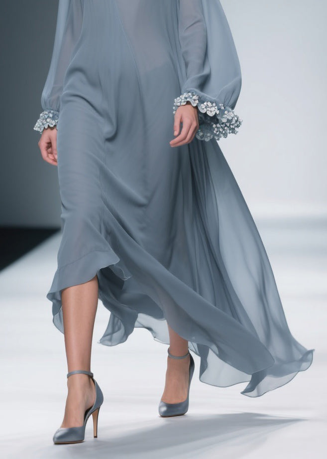 Women Haze Blue Floral Solid Chiffon Maxi Dresses