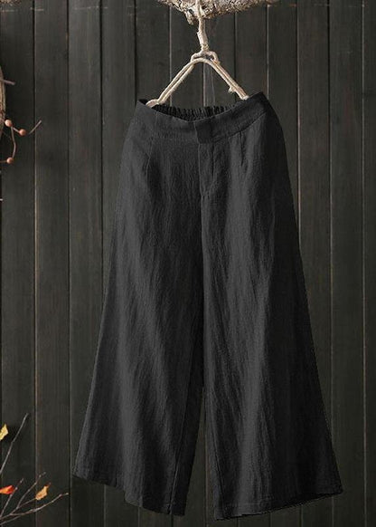 Women High Elastic Waist Loose Cotton Wide Leg Pants with Pockets - SooLinen