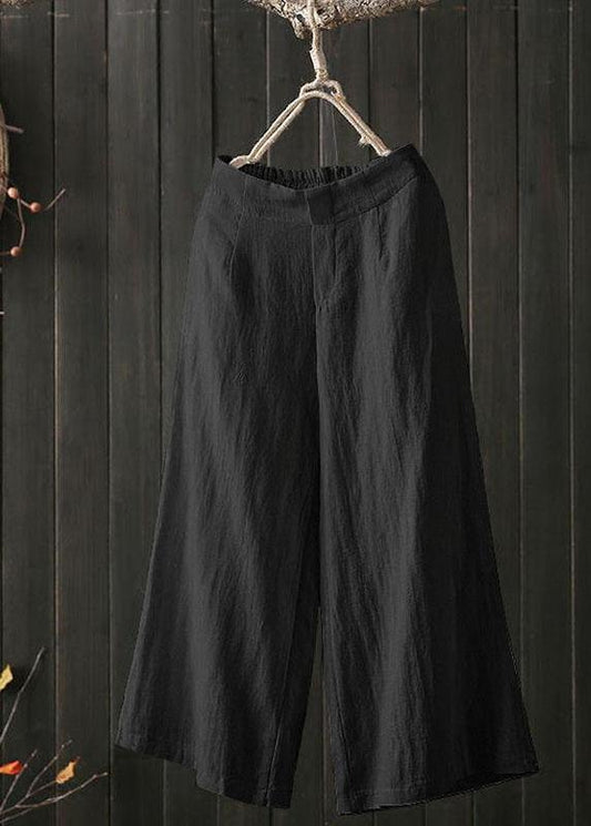 Women High Elastic Waist Loose Cotton Wide Leg Pants with Pockets - SooLinen