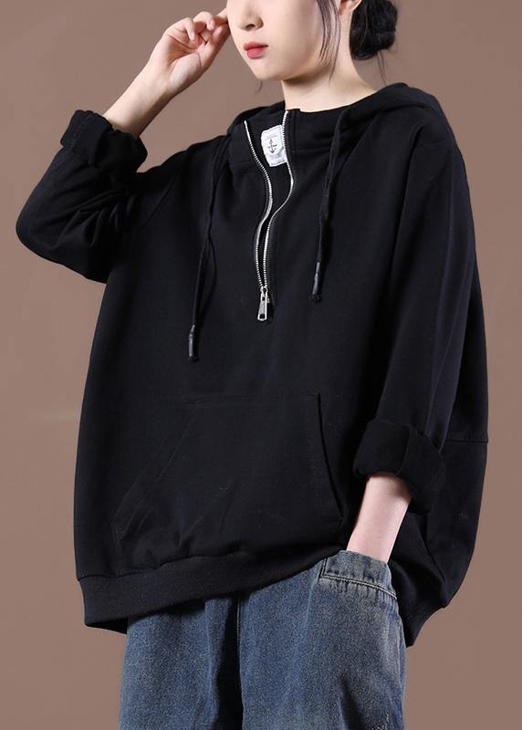 Women Hooded Autumn Simple Black Tops - SooLinen